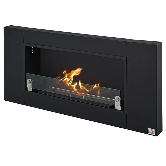 HOMCOM Wall-Mounted Stainless Steel Ventless Ethanol Fireplace Heater with Tempered Glass for Living Room, Black