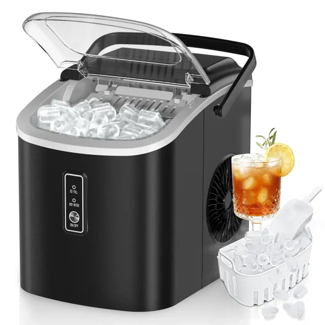 Simzlife Countertop Ice Maker, 26 Lbs/Day, 9 Bullet-shaped Ice in 6 Mins, Auto-Cleaning, Portable Ice Machine with 13 Lbs Storage Capacity, Black