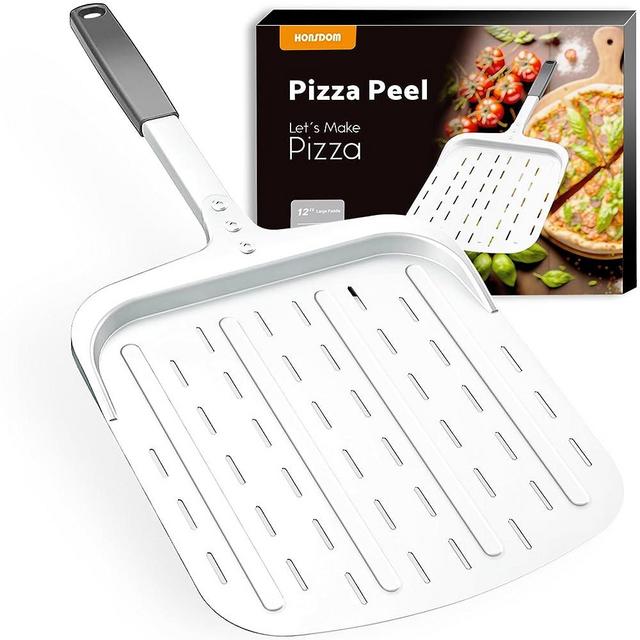 Honsdom Perforated Pizza Peel 12-inch, Aluminum Metal Pizza Spatula Paddle, Pizza Turning Peel, Long & Heat-resistant Silicone Handle, Pizza Oven Accessories