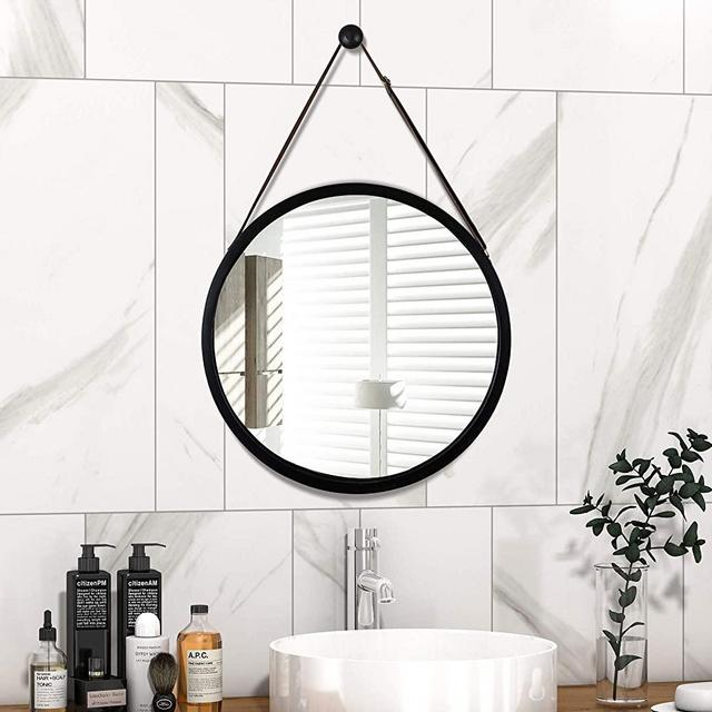 Round Wall Mirror- Black Circle 18 Inch Mirror Bamboo Frame with Adjustable Hanging Leather Strap for Bedroom Bathroom Living Room Entryway Vanity