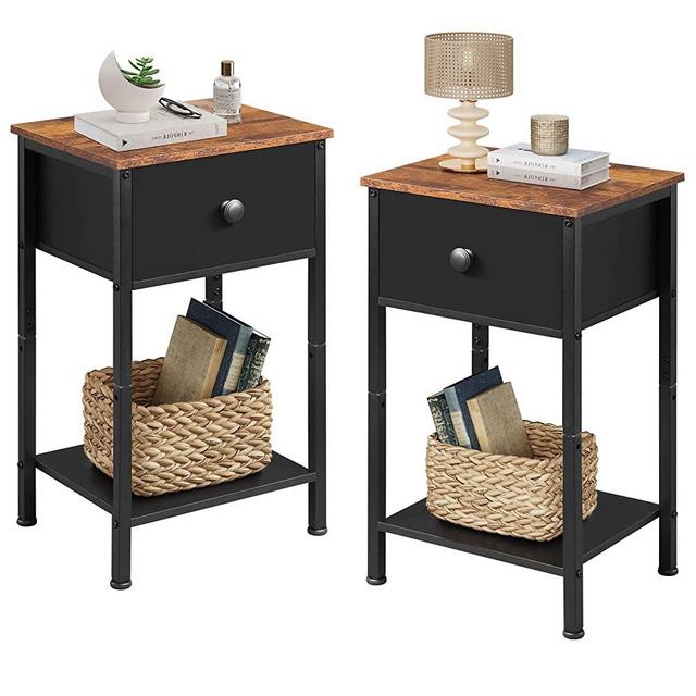 WLIVE Nightstand with Drawer, End Table with Storage, 2-Tier Bedside Table for Bedroom, Living Room, Side Table with Sturdy Metal Frame, Black