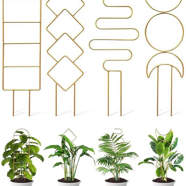 4 Pack Indoor Climbing Plant Trellis, Small Trellis for Potted Plants Outdoor, Metal Garden Trellis Plant Support Trellis with Different Patterns for Vine Ivy Flower (Golden)