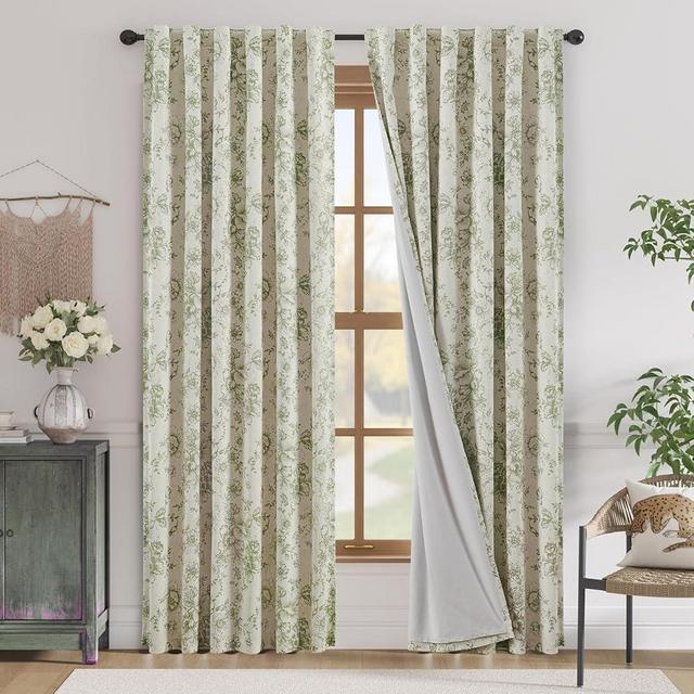 jinchan Blackout Linen Blend Curtain Floral Curtains for Living Room 90 Inch Length Sage Green Printed Curtain with Lined Blackout Curtains for Bedroom Farmhouse Curtains Set 2 Panels