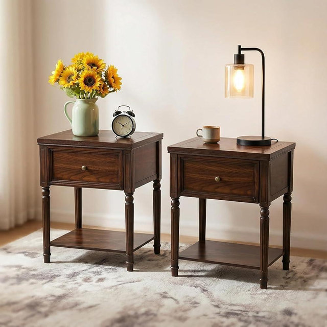 Solid Wood Nightstands Set of 2 with Drawer, Farmhouse End Table Sofa Side Table with Storage Shelves, Real Wood Beside Table Accent Table for Small Spaces, Living Room, Easy Assembly (Walnut)