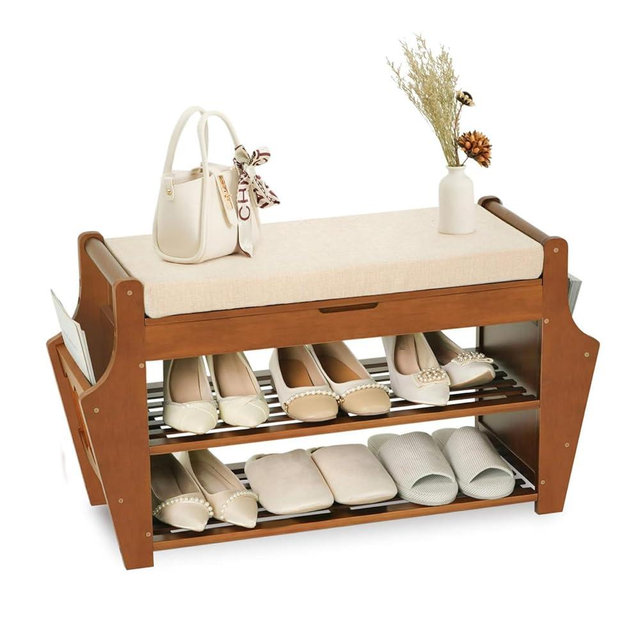 oakvivo 2 Tier Shoe Bench, Bamboo Entryway Shoe Rack Bench with Storage, Shoe Bench Organizer Holds Up to 330 lb, 34.3 x 11.8 x 18.9 Inches for Entry, Bedroom, Closet, Living Room, Hallway
