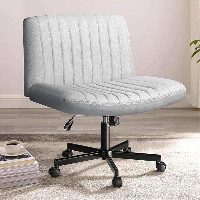 PUKAMI Criss Cross Chair with Wheels,Fabric Padded Armless Cross Legged Office Desk Chair for Home Office,Modern Swivel Height Adjustable Wide Seat Computer Task Vanity Chair(Grey)