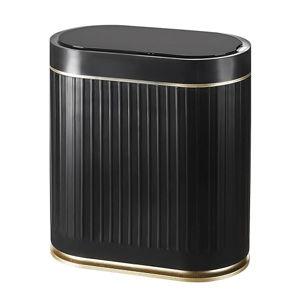 Bathroom Sensor Trash Can with Lid Automatic 2 Gallon Small Sensor Garbage Bin, 7.5 Liter Motion Sensor Smart Rubbish Bin with Stripes, Slim Waterproof Plastic Garbage Can, Black Gold