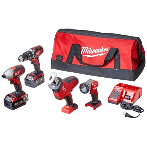 Milwaukee 2695-24 M18 18V Cordless Power Tool Combo Kit with Hammer Drill, Impact Driver, Reciprocating Saw, and Work Light (2 Batteries, Charger, and Tool Case Included)
