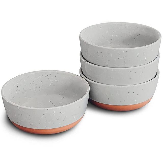 Mora Ceramic Flat Bowls Set of 4 - 25 oz- For Soup, Salad, Rice, Cereal, Breakfast, Dinner, Serving, Oatmeal, etc - Microwave, Dishwasher and Oven Safe Porcelain Bowl for Eating and Kitchen- Earl Grey