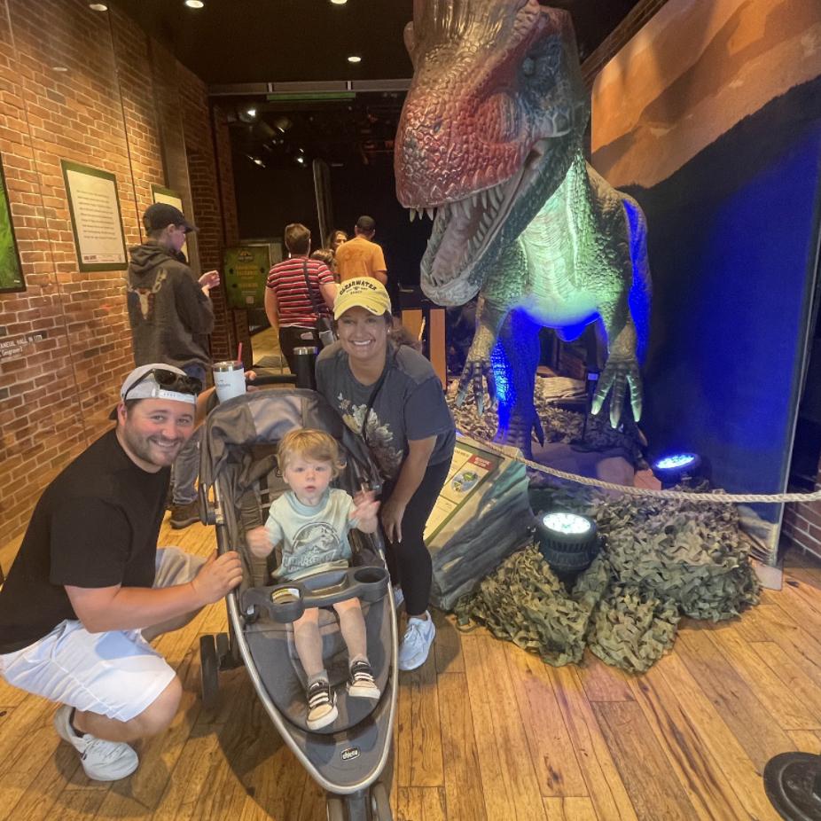Reunited when Tina and baby Johnny come to visit. Uncle Chris and Auntie Em spoil Johnny at the dinosaur exhibit in Boston.