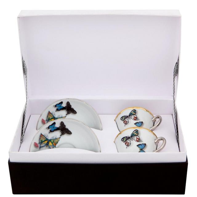 Vista Alegre Butterfly Parade Set Two Coffee Cups and Saucers