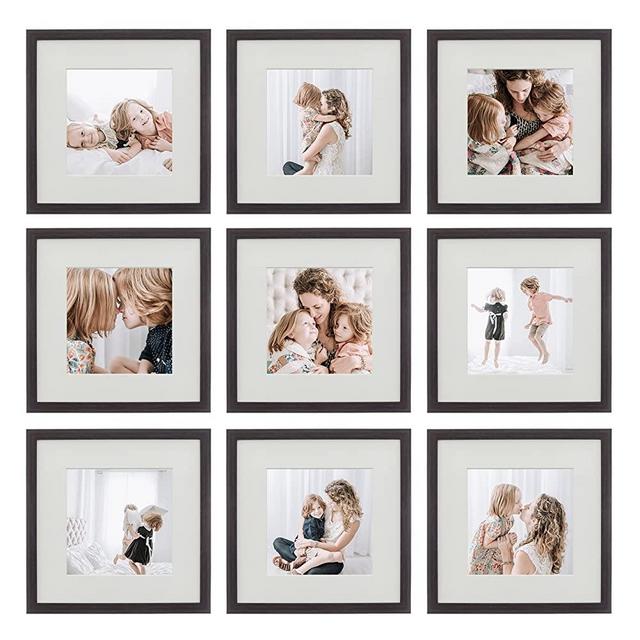 Sheffield Home 9 Piece Gallery Wall Frame Set, 12x12 Inch, Matted to 8x8 Inch, Dark Oak