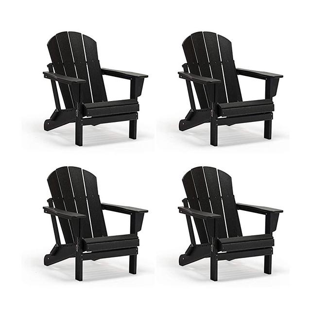 WO 4 Piece Set Outdoor Folding Poly Adirondack Chairs, All Weather and UV Resistant, HDPE, for Backyard, Lawn, Patio, Deck, Garden, Weather Resistant Polyethylene Plastic Lounger, Black