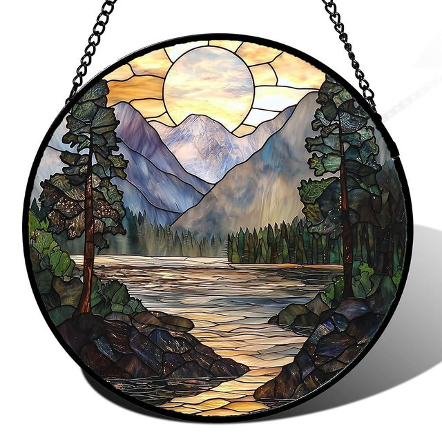 AMDERVEN Stained Glass Window Hanging, Sunset Mountains Lake Tree Sun Catcher for Window Home Decor Landscape Suncatcher Mother's Day Birthday Gifts for Women Men Mom and Nana 7.8 in