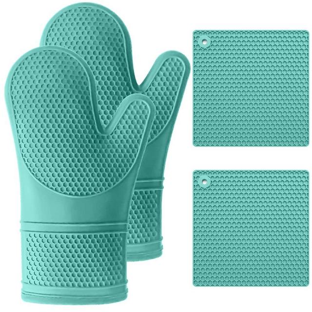 Gorilla Grip Heat Resistant Waterproof Silicone Oven Mitt and Pot Holder 4 Piece Set, Includes 2 Soft Flexible Cooking Mitts and Trivet Mats, Gloves and Potholders for Use on Hot Surfaces, Turquoise