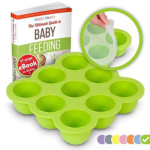 KIDDO FEEDO Baby Food Storage Container and Freezer Tray with Silicone Clip-On Lid - 9x2.5oz Easy-Out Portions - BPA Free and FDA Approved - Free eBook by Award-Winning Author/Dietitian - Green