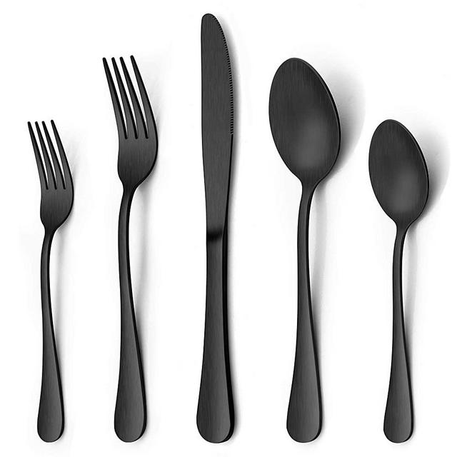 LIANYU 60 Piece Matte Black Silverware Flatware Set, Stainless Steel Satin Finish Black Flatware Cutlery Set for 12, Fancy Kitchen Utensil Tableware Set for Home Restaurant Party, Dishwasher Safe