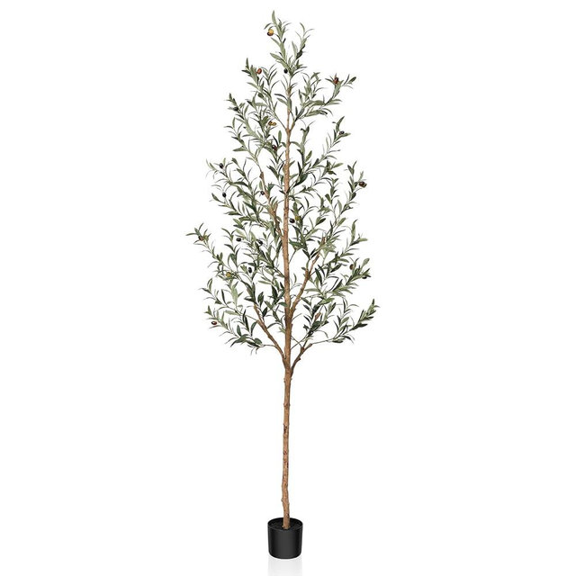 SOGUYI Artificial Olive Tree, 7FT Tall Faux Silk Plant with Natural Wood Trunk and Lifelike Fruits for Home Office Decor - Indoor Fake Potted Tree, 1 Pack