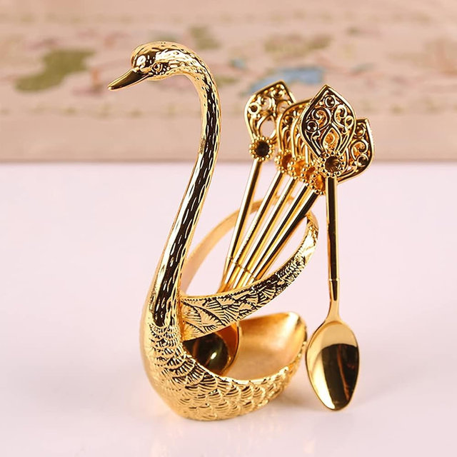 Coffee Spoon Set With Holder, Swan Spoon & Fork Holder, Elegant and Charming Decorative Spoons Organizer Serving Kit, Durable Spoons Coffee Station Storage Organizer(COLOR:Gold)