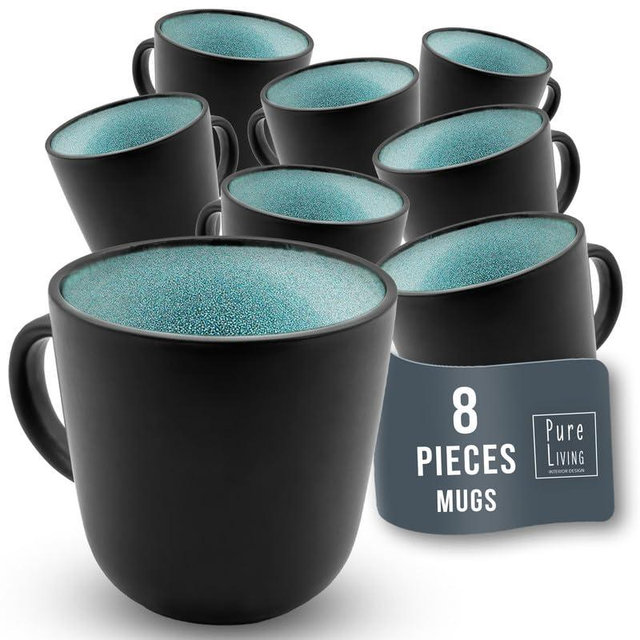 PURE LIVING INTERIOR DESIGN Stoneware Coffee Mugs Set of 8, Stylish Coffee Mug Set modern petrol-blue, 14.5 Oz Coffee Cups Ceramic, Dishwasher and Microwave Safe Mug, Ceramic Mug, Coffee Cup Set,