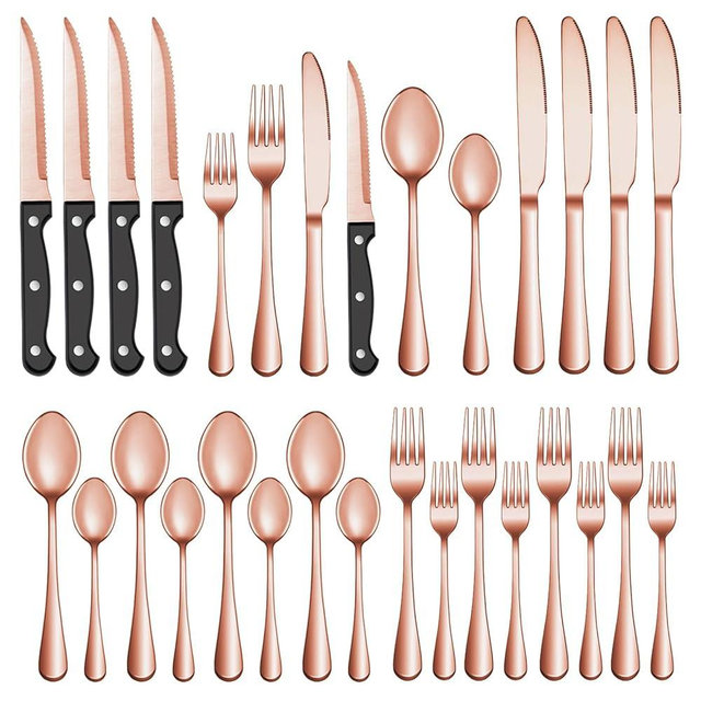 36 Pcs Rose Gold Silverware Set with Steak Knives Service for 6,Stainless Steel Flatware Set,Mirror Polished Cutlery Utensil Set, Kitchen Eating Tableware,Include Fork Knife Spoon Set,Dishwasher Safe