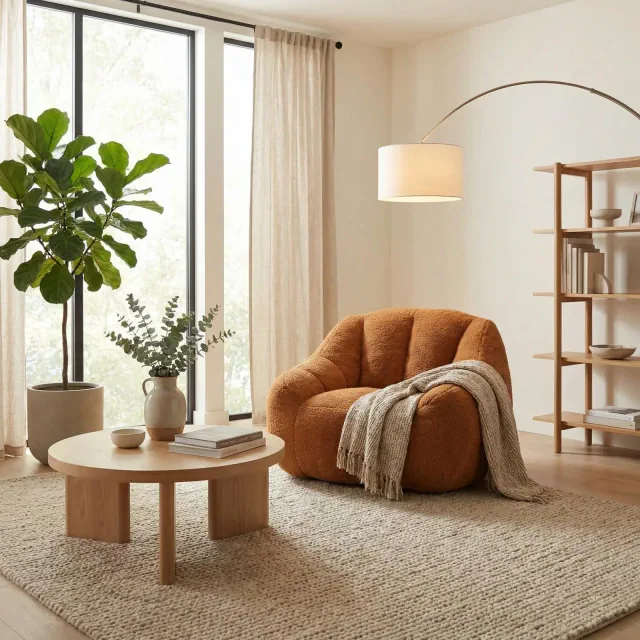 FurnitureR Soft Teddy Fabric Lounge Chair, Plush Accent Armchair with Rounded Shape for Living Room, Bedroom or Reading Corner