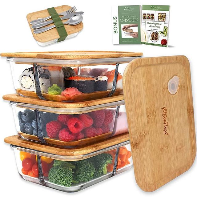 EcoPreps Glass Bento Box Containers with Bamboo Lids【3 Compartment Glass Meal Prep Containers, 3 Pack】100% Plastic Free, Eco-Friendly, Freezer Safe Glass Lunch Containers, Glass Bento Boxes for Adults