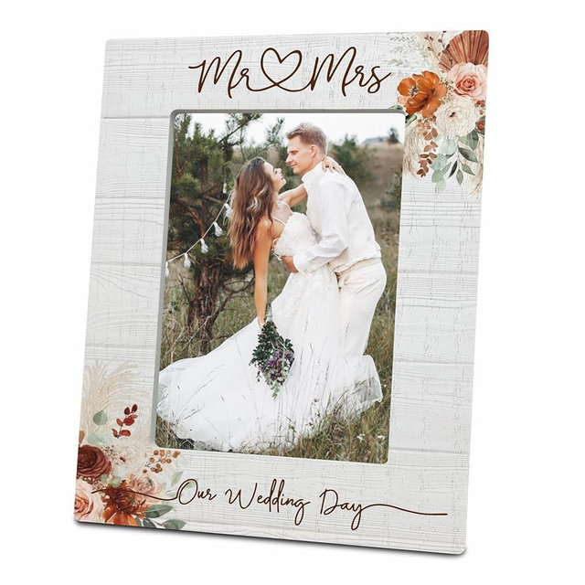 Floral Wedding Picture Frame For 4 x 6" Photos - Our Wedding Day Wooden Photo Frame - Engagement Gifts For Couples Newlyweds -Wedding room decoration, Home Decor (Vertical)- C06