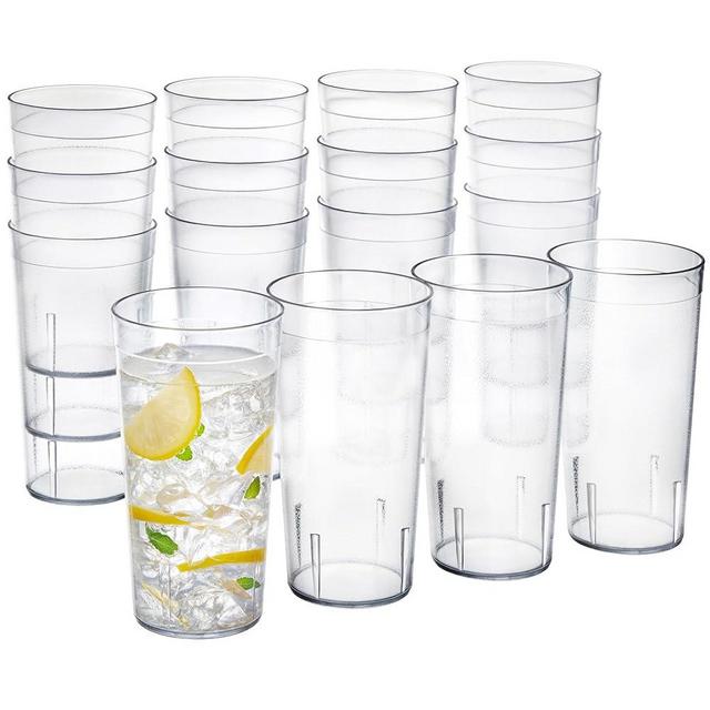 US Acrylic Cafe Plastic Reusable Tumblers (Set of 16) 20-ounce Water Cups in Clear | Value Set of Restaurant Style Drinking Glasses, Stackable, BPA-free, Made in the USA | Top-rack Dishwasher Safe