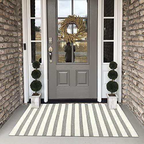 Stripe Cotton Woven Rug, Collive Farmhouse Small Tassels Throw Area Rug Washable Fringe Boho Rug Runner for Bathroom Kitchen Bedroom Laundry Doorway (3' x 5', Black Strips)
