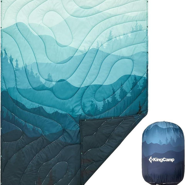 KingCamp Lightweight Camping Blanket - Puffy Printed Warm Camping Quilt with Snap Button - Portable for Travel, Hiking, Stadium, Airplane - 79" x 57" - Cyan