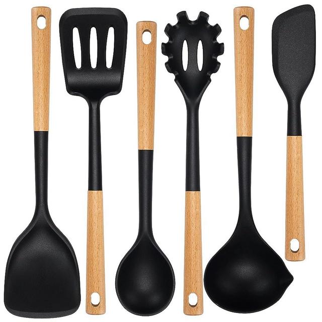 NCUE Kitchen Utensils Set, Large Non-stick Silicone Cooking Utensils Set 6 Pcs, Wooden Handle Heat Resistance Silicone Spatula Soup Ladle Pasta Server Kitchen Gadgets Utensils Set BPA Free (Black)