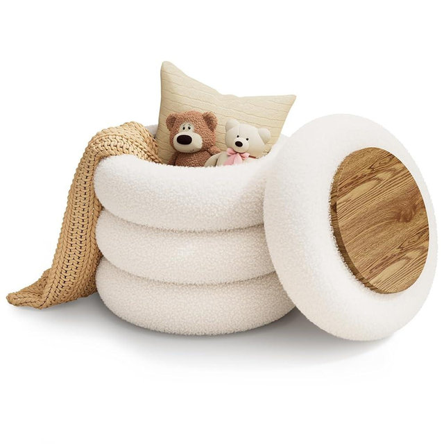 FervorFurn Soft Teddy Round Ottoman with Tray, 17.5 Inches Ottoman Coffee Table with Storage for Living Room, Vanity Stool with Storage Bedroom, Load up to 300 lb, No Assembly Required (White)