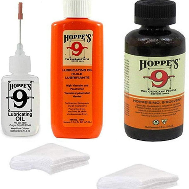 Hoppes 9 Elite Gun Cleaning kit - Gun Bore Cleaner and Lubricant Oil with 14.9 ML Precision Lubricator and 25-40 Patches for .38, 9mm.40.44 and .45 Caliber