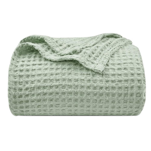 PHF Ultra Soft Waffle Weave Blanket Queen Size 90"x 90"- Washed Lightweight Breathable Cozy Woven Blanket for All Season - Great for Couch Bed Sofa Home Car - Sage Green/Mint Green