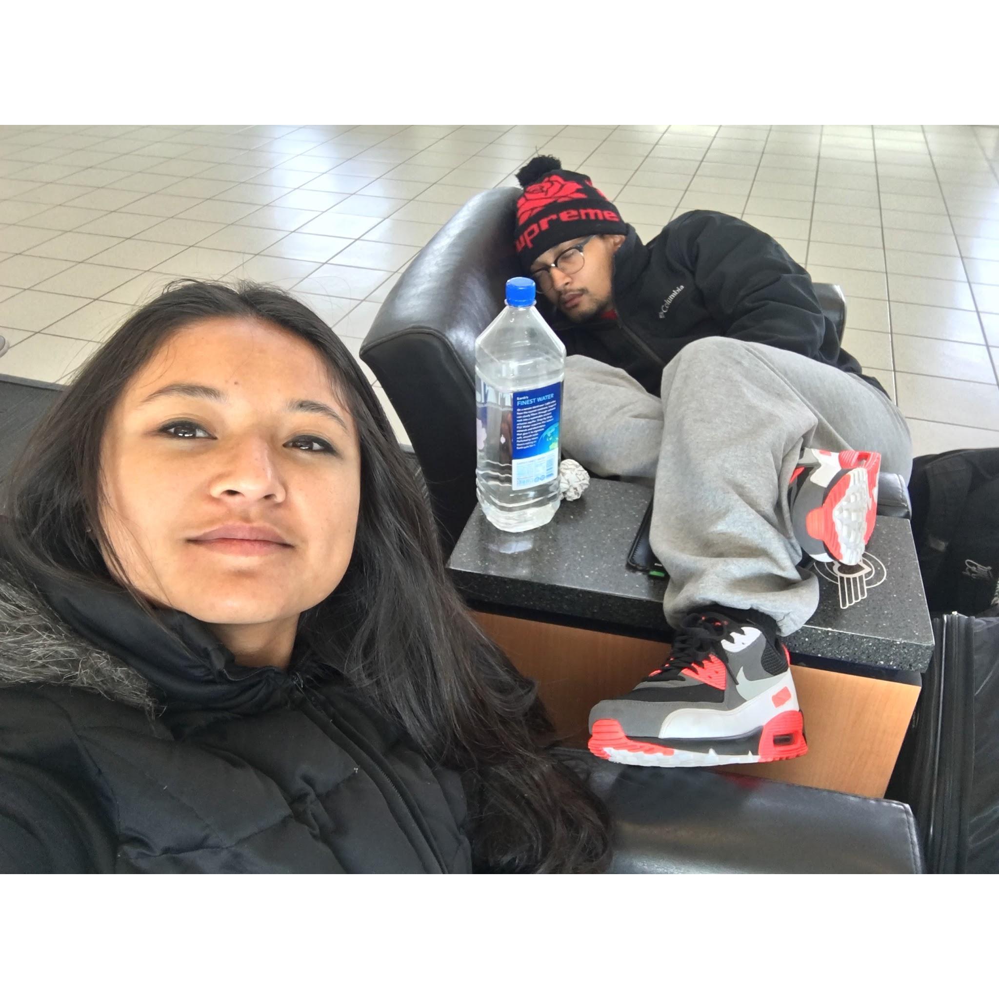 Holiday traveling adventures. 
Missed this flight bcos of how responsible Rosalie was. 
Dec. 2015