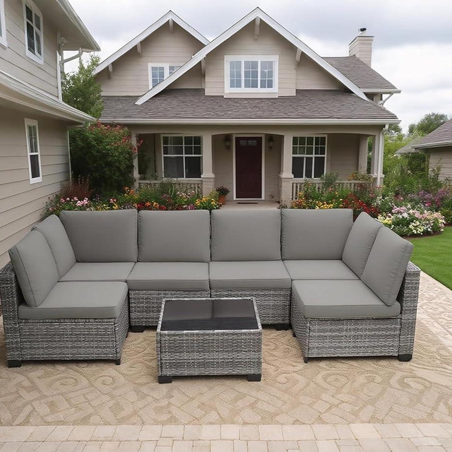 MOCHITO 7 Pieces Outdoor Patio Furniture Sets, All-Weather Sectional Sofa Grey PE Rattan Wicker Conversation Set with Glass Table and Washable Grey Cushions for Backyard,Sunroom,Garden,Porch
