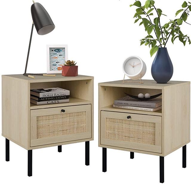Natural Rattan Nightstand Set of 2, End Table, Bedside Table, Modern Side Table with 1 Hand Made Decorated Door for Living Room, Bedroom