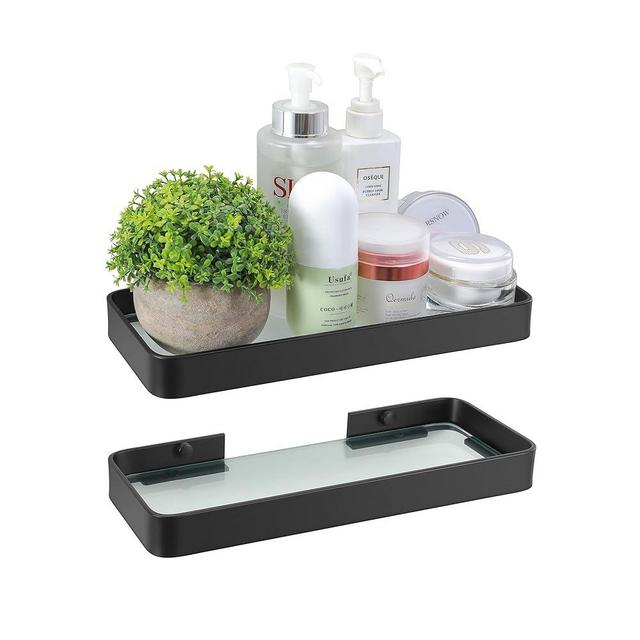 Z metnal Modern Small Glass Bathroom Shelves, Small Toilet Organizer, Matte Black Bathroom Floating Shelf, Mini Clear Meatl Wall Shelf for Bathroom Organizer, Wall Mounted, 2Pcs, 9.8inch/25cm