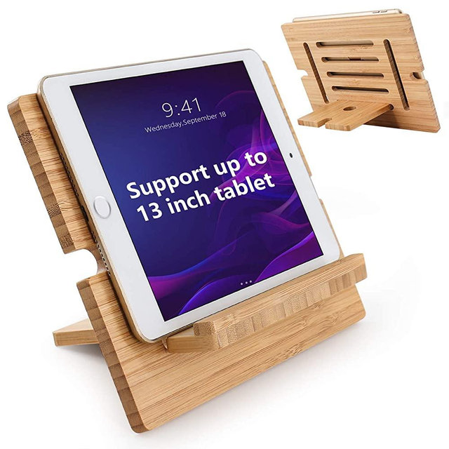 Bamboo Tablet Stand Adjustable, Pezin & Hulin Desktop Cell Phone Stand Holder Dock Compatible with Pad 9.7, 10.5, 12.9, Air 2 3 4 Mini, Kindle, Phone 8 Plus X XS Max XR (Support to 4.7-13" Devices)
