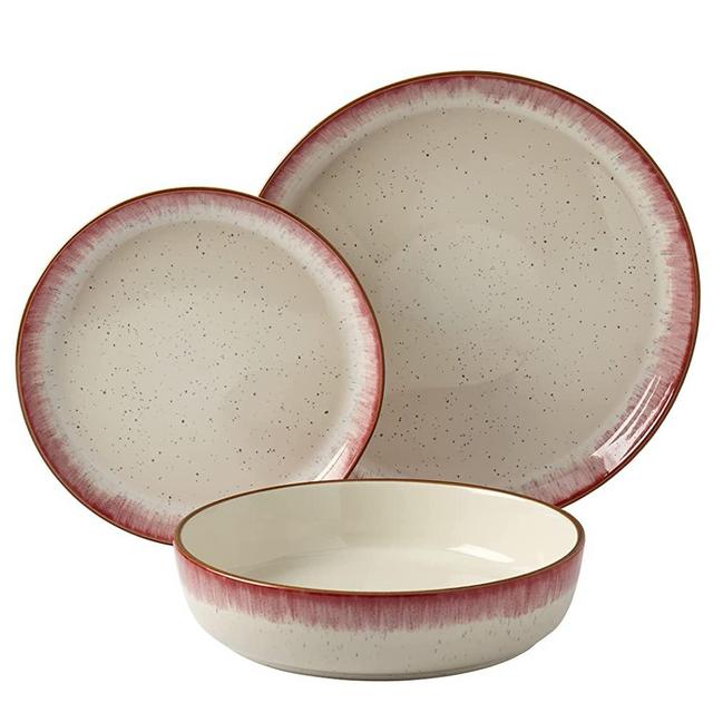 Tabletops Gallery Speckled Farmhouse Collection- Stoneware Dishes Service for 4 Dinner Salad Appetizer Dessert Plate Bowls, 12 Piece Hanover Dinnerware Set in Berry