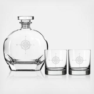 Compass Rose 3-Piece Decanter & Rocks Glass Gift Set