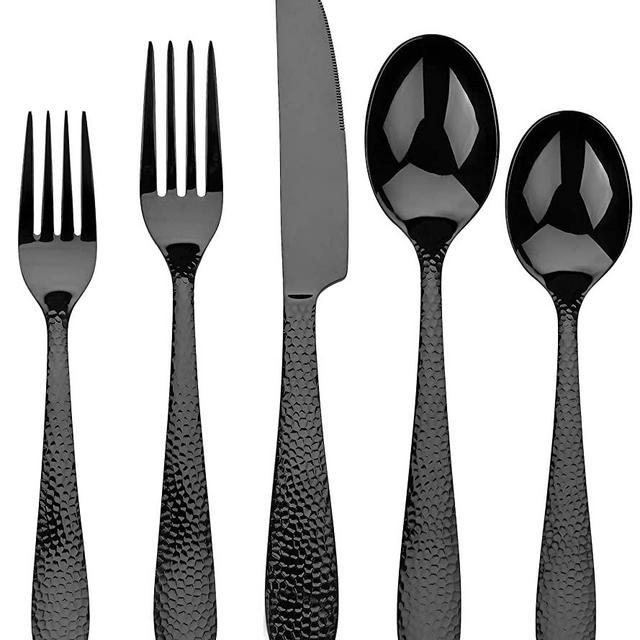 Black Silverware 20-Piece Set, Stainless Steel Modern Hammered Lines Flatware Cutlery Set for 4, Mirror Finish Titanizing Tableware Set Include Fork Spoon Knife Utensils for Daily Use, Dishwasher Safe