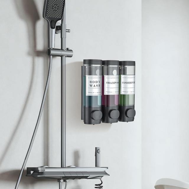 Shower Soap Dispenser Wall Mounted No Drill Shampoo Dispenser for Shower Wall Shampoo and Conditioner Dispenser Bathroom Hotel 3 * 300ml Sliver with Labels