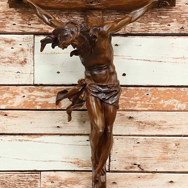 Ebros Large 19.75" High INRI Jesus Christ Crucified On The Cross Wall Hanging Crucifix Crosses Sculpture in Deep Brown Mahogany Faux Wood Like Finish Catholic Christian Home Decor Resin Plaque