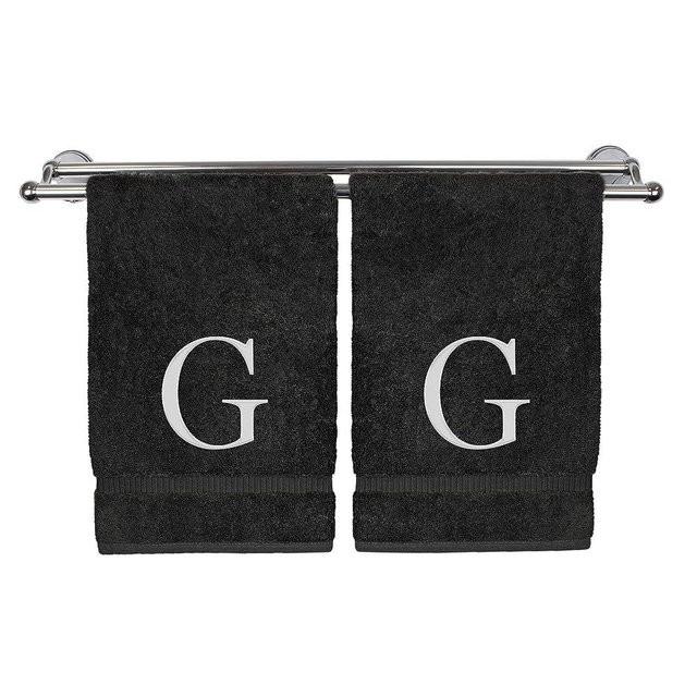 Monogrammed Hand Towel, Personalized Gift, Set of 2- White Block Letter Embroidered Towel - Extra Absorbent 100% Turkish Cotton - Soft Terry Finish - Initial G Black