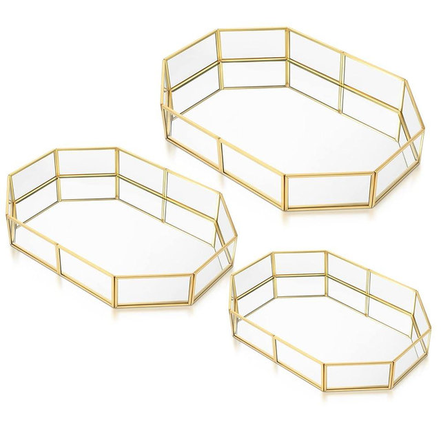 3 Pieces Mirror Tray Metal Vanity Mirror Tray Rectangle Octagon Perfume Tray Mirror Makeup Tray Cosmetic Dresser Tray for Dresser Bedroom Bathroom Hotel, 3 Sizes (Gold, Octagon)