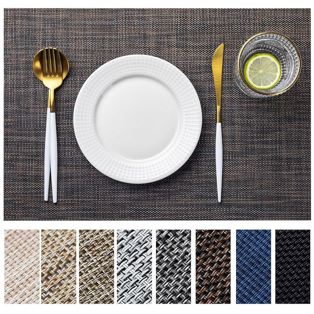 LEXMORE Placemats Set of 4 Vinyl/Plastic Woven Place Mats for Kitchen Table Indoor/Outdoor Washable Placemat Wipeable Dining Table Mats(Black/Brown)