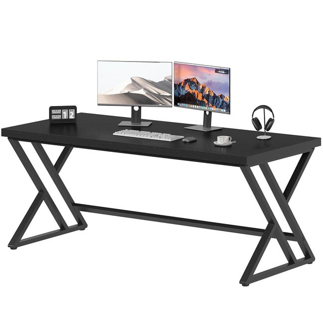 LVB Modern Black Computer Desk, Long Industrial Home Office Desk for Student, Large Metal Wood Writing Study Computer Table, Farmhouse Executive Simple Gaming PC Work Desk for Bedroom, Black, 60 Inch