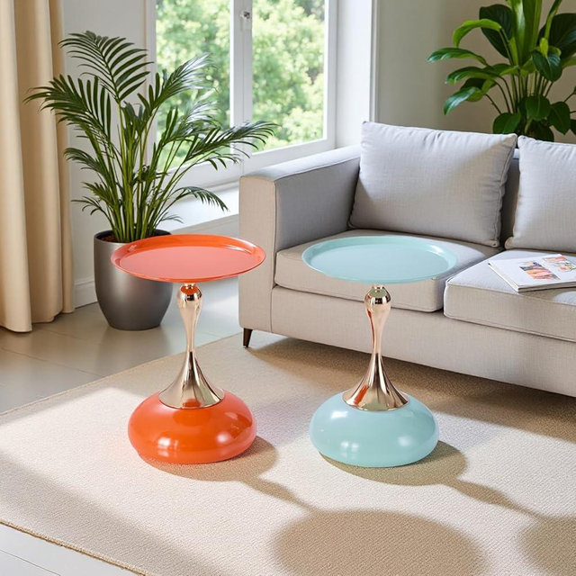2-Pack Sleek Hourglass Side Table (Light Green & Hermes Orange) - Modern Stylish Accent Table with Glossy Finish & Metallic Detail - Ideal Decor for Living Room, Bedroom & Home Spaces